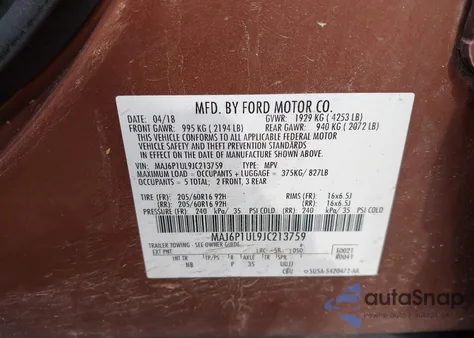 2018 Ford Ecosport Se z USA, uszkodzony, nr VIN MAJ6P1UL9JC213759